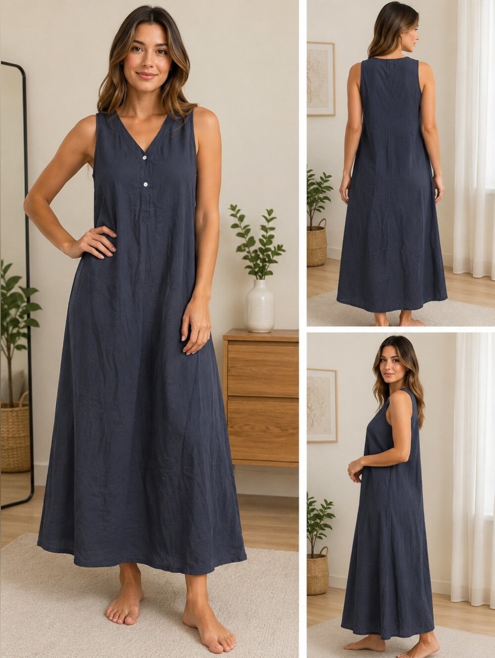Women's Sleeveless Maxi Dress Small Navy Blue A-Line Button Front Casual Long